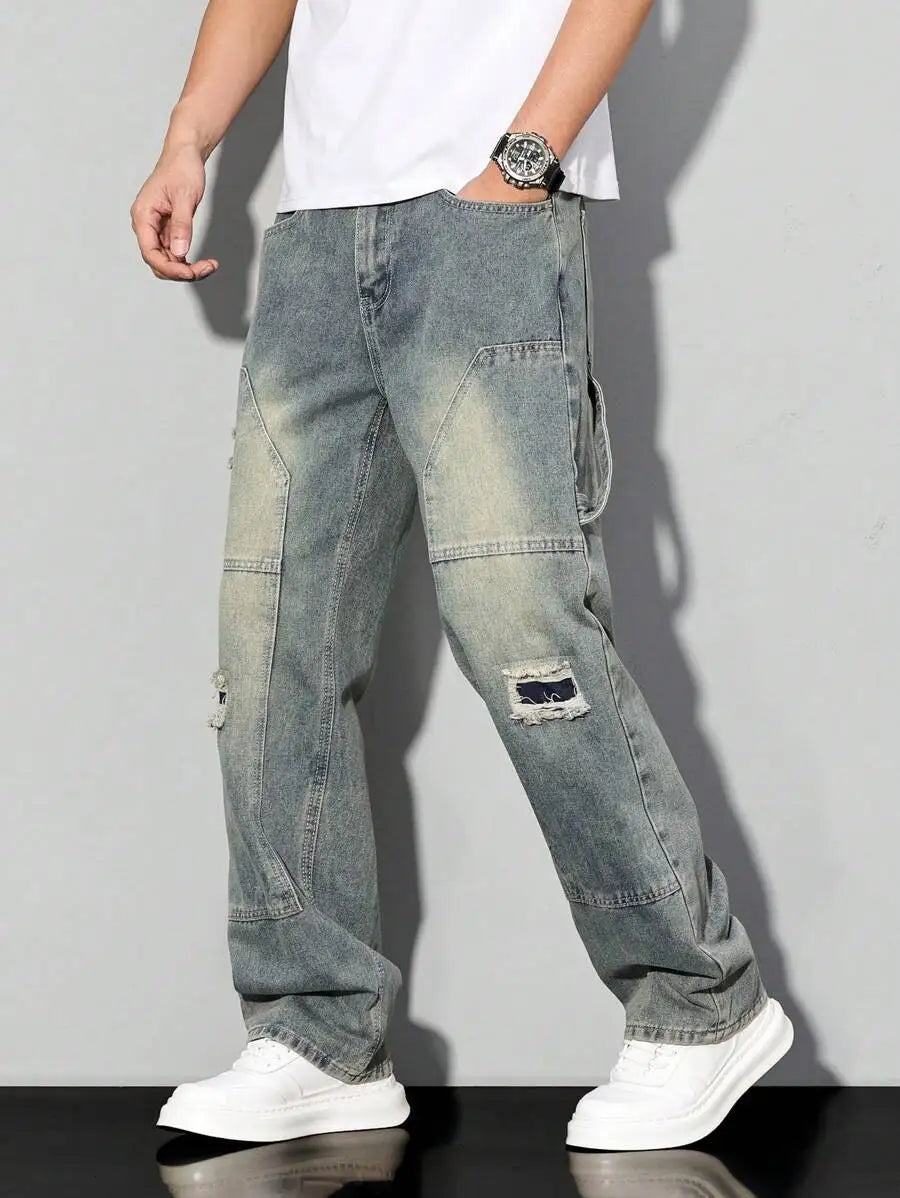 Men's Casual Denim Jeans Spring Autumn Winter Straight Leg Loose Fit Long Pants Double Belt Hole Pocket Daily Wear