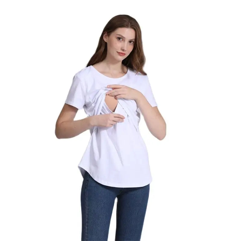 Plus Size Maternity T-Shirt Short Sleeve Stretch Cotton Breastfeeding Tees Loose Nursing Tops for Pregnant Women