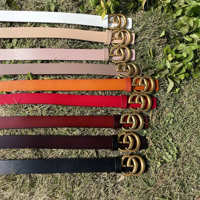 Pure Cowhide Leather Ladies Belt Antique Letter G Casual Retro Style Fashionable All-Match Width 2-4cm Alloy Buckle Fastener