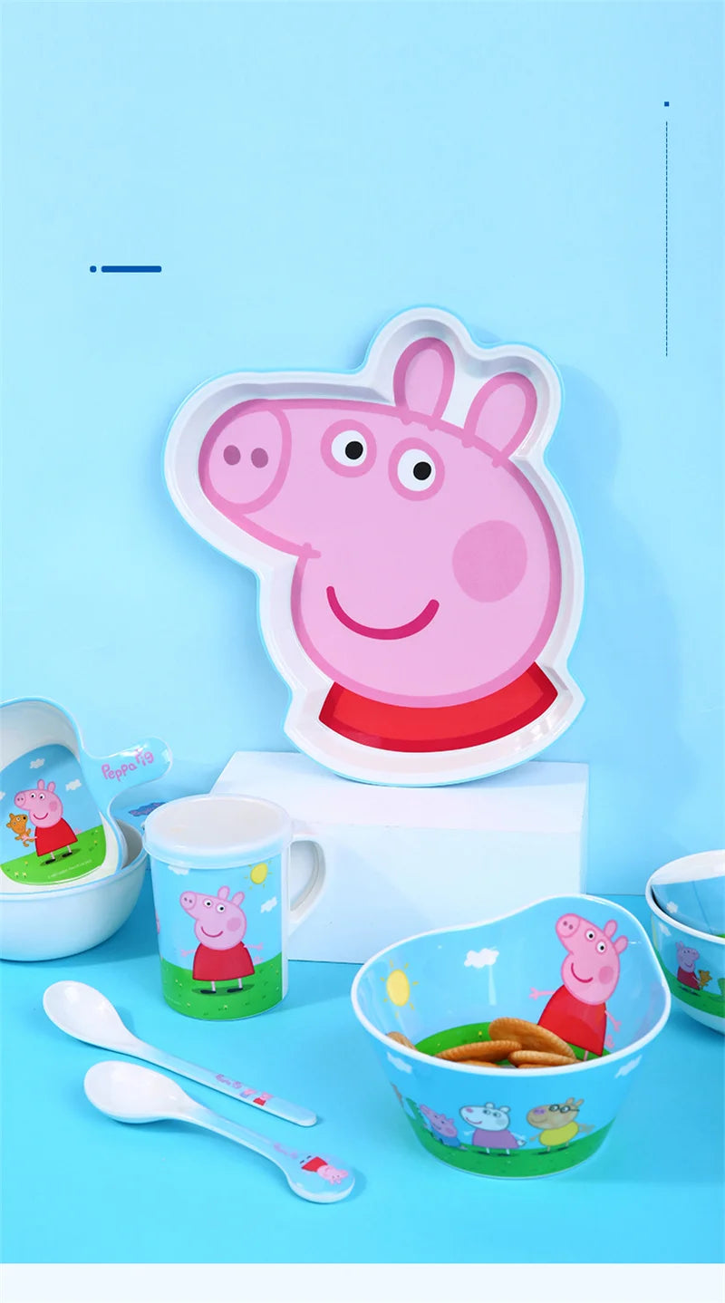 For Peppa Pig Tableware Cartoon Salad Bowl Anti-Fall Dining Plate Cup Spoon Baby Eating Double-ear Bowl Food-grade Divided Plate