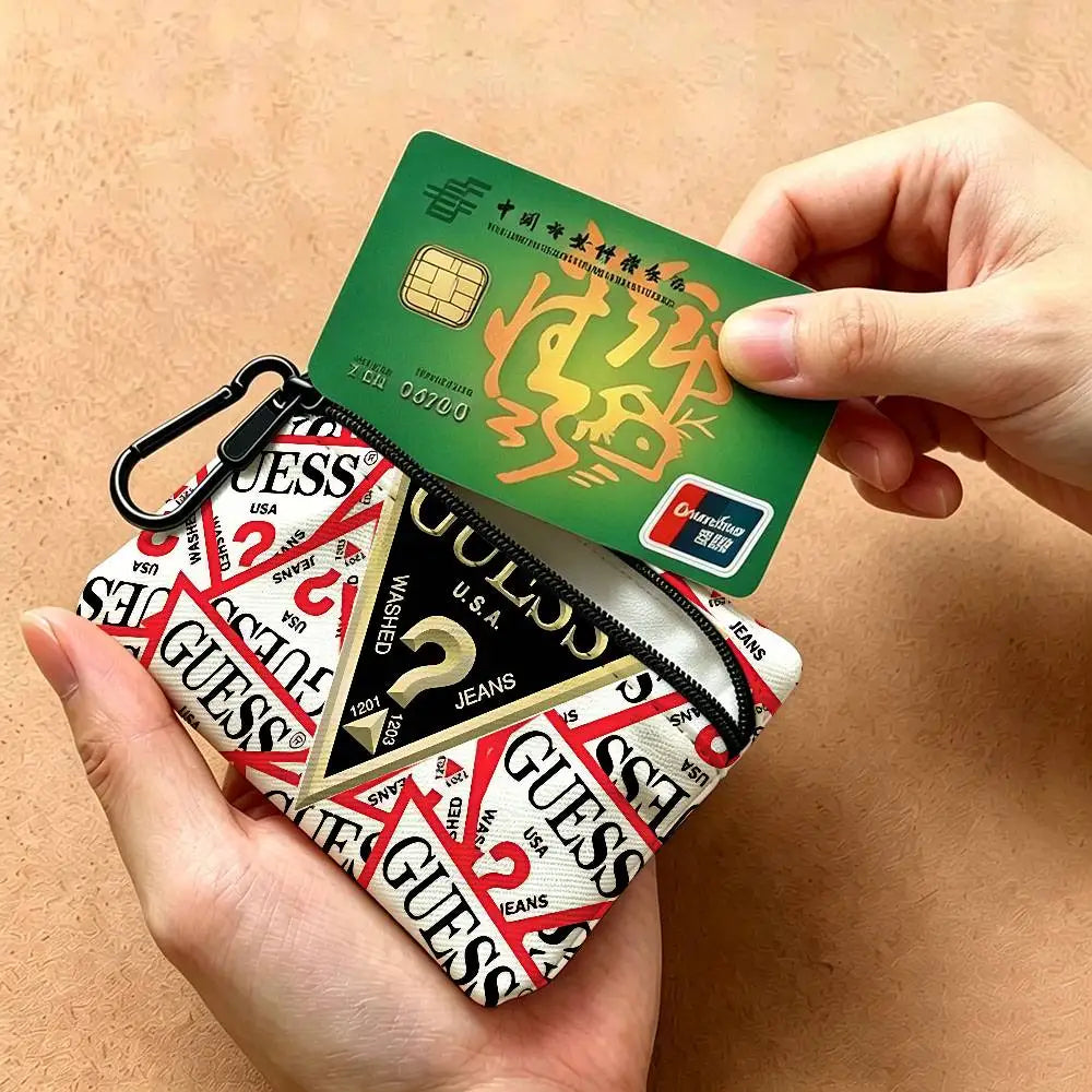 G-Guess-s logo White Oxford Cloth Zipper Coin Purse Lightweight Hanging Key Pouch Card Holder For Daily Use