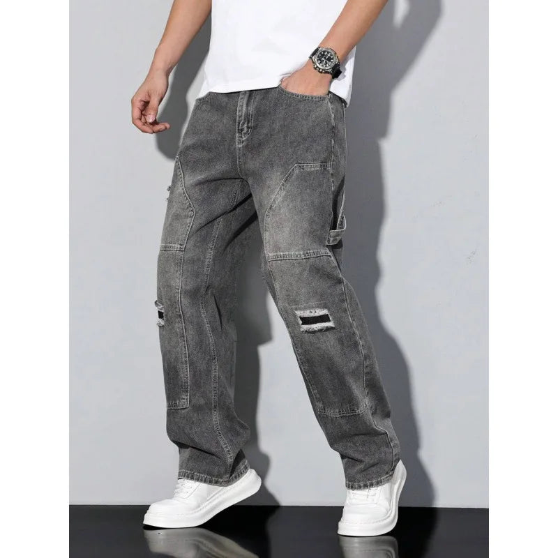 Men's Casual Denim Jeans Spring Autumn Winter Straight Leg Loose Fit Long Pants Double Belt Hole Pocket Daily Wear