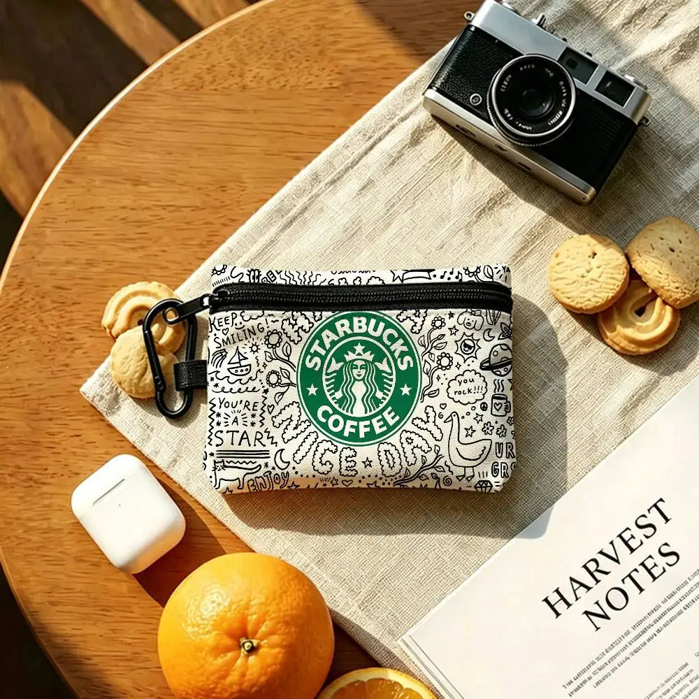 Cool S-Starbucks LOGO Mini Hanging Oxford Cloth Coin Bag Durable Zipper Key Card Pouch With Carabiner