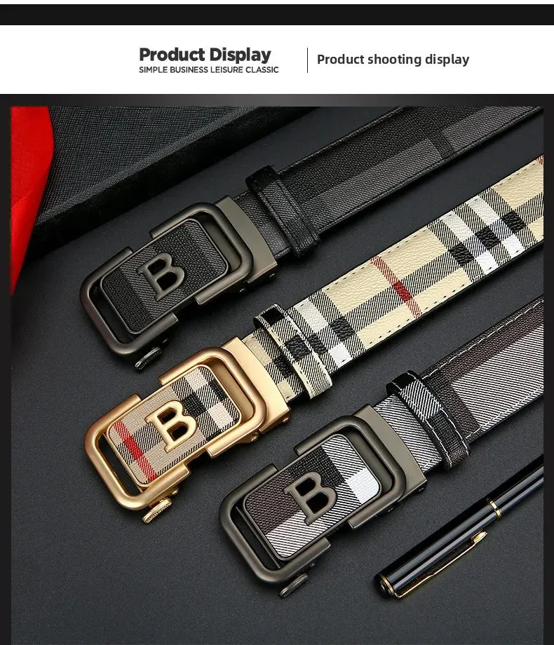 Trendy Plaid B Letter Automatic Buckle Belt for Men Premium Quality Fashionable Business Style Versatile Home Use