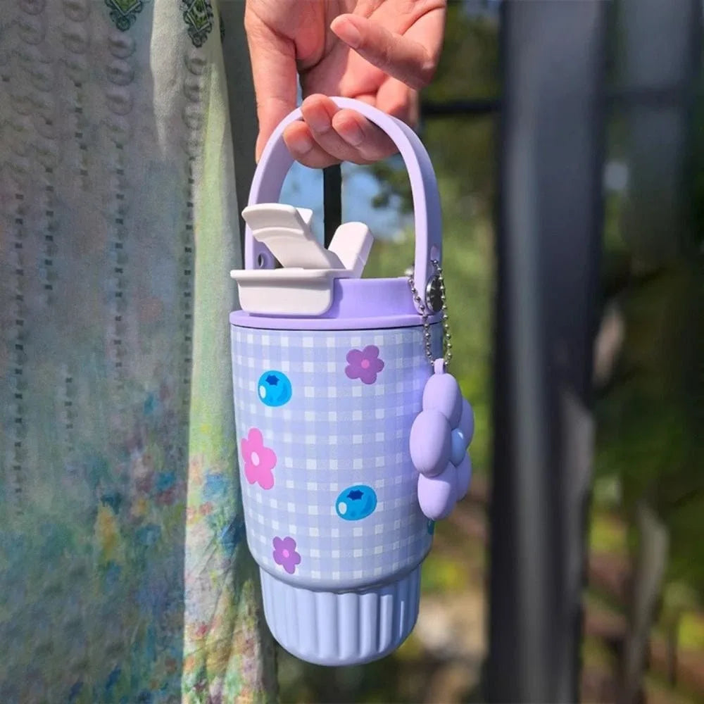 500ML 316 Stainless Steel Straw Cup Insulation or Cooling Strawberry Fruit Print Insulated Cup with Flower Pendant