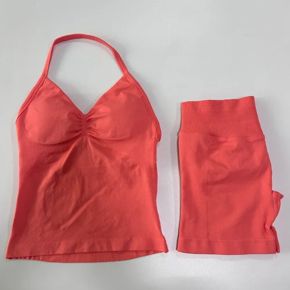 2 Pieces Sports Set Women Backless Tank Tops High Waist Scrunch Seamless Shorts Sport Suit Gym Set Sportswear Workout Set