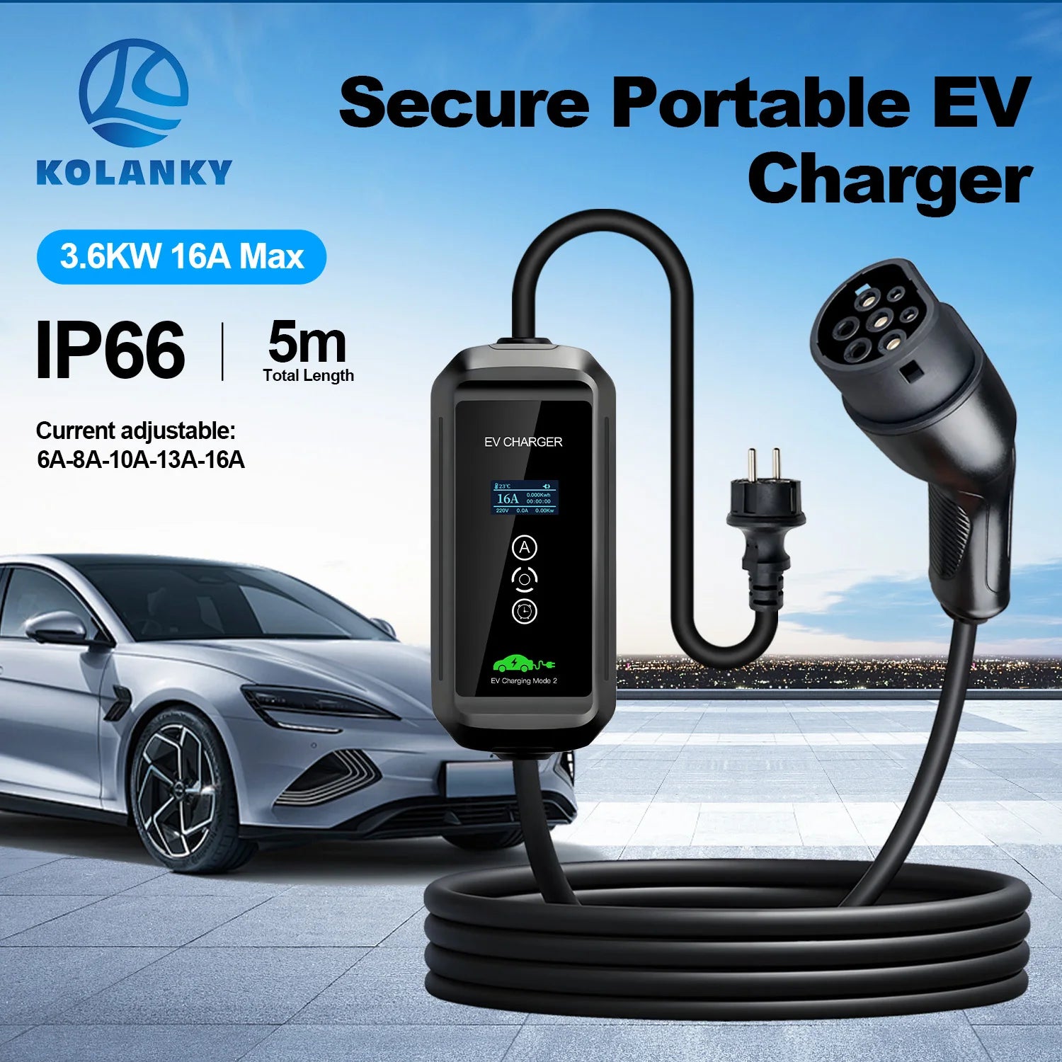 Kolanky 3.6KW Portable EV Charger Type 2 16A Electric Vehicle Charger Home Use for EU Type 2 IEC 62196-2 Electric Vehicle Charge