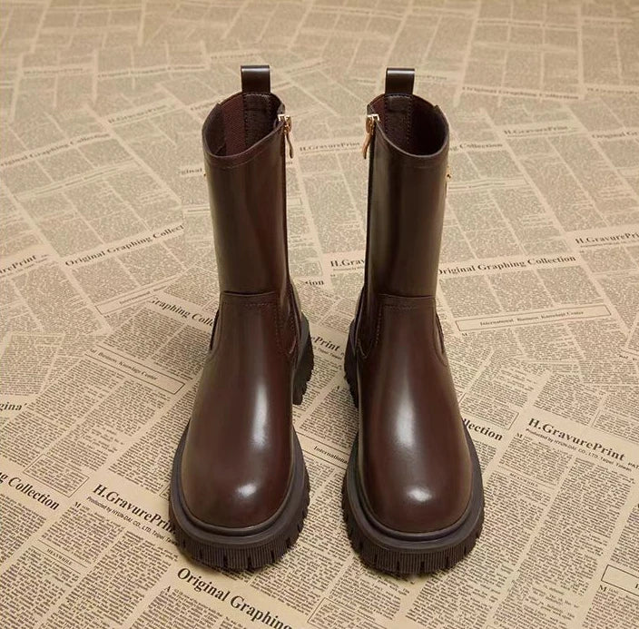 Women's Half High Boots Round Toe Chelsea Ladies Mid Calf Shoes Middle Heel Brown Footwear Spring Autumn Sale Gothic Demi-season