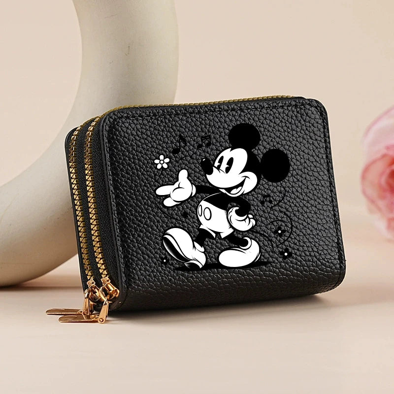 Mickey Minnie Women's Double Zipper Wallet Lychee Pattern Fashion Short Credit Card Holder with Large Capacity Coin Purse