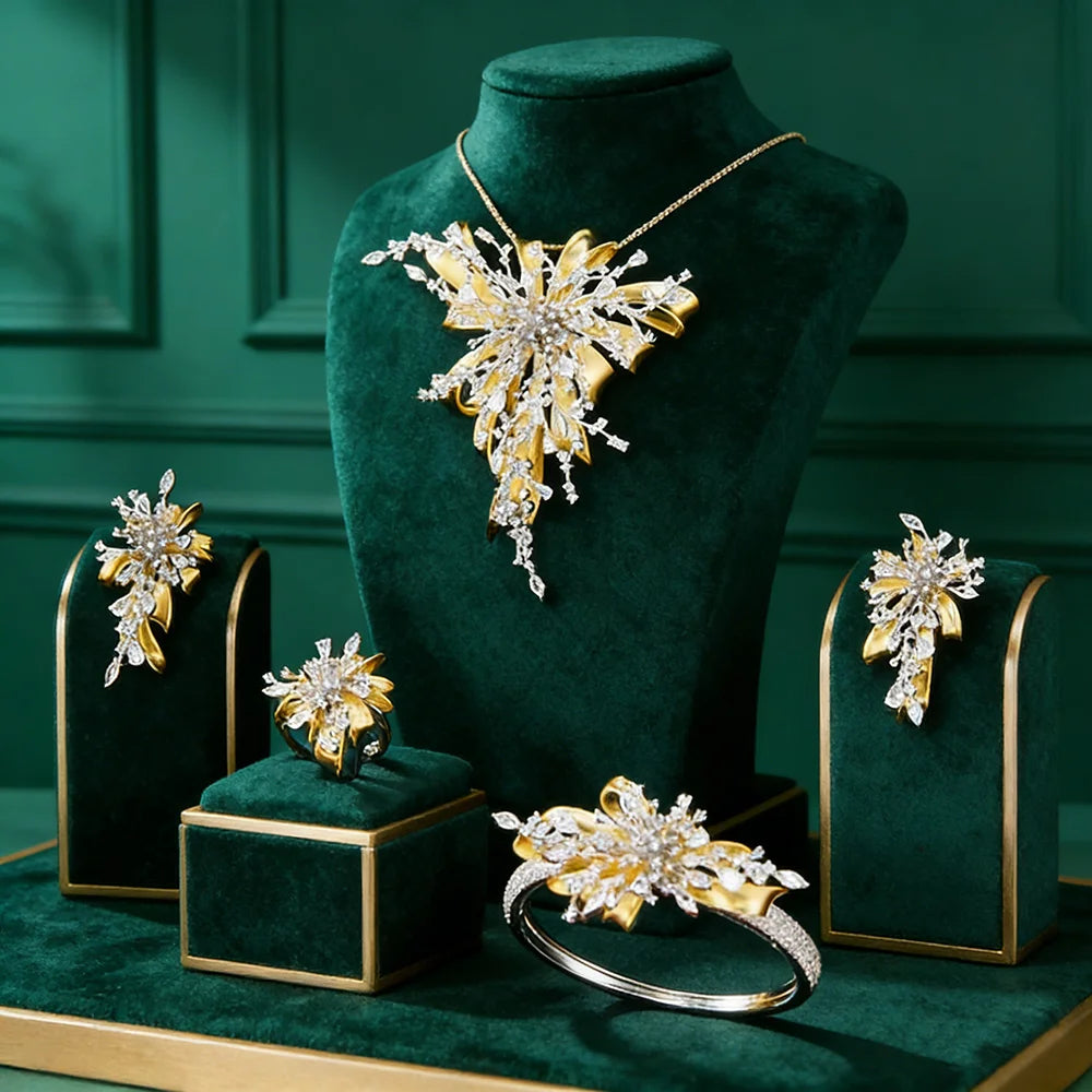 GODKI Famous Brand 4PCS Bicolor Flower African Jewelry Set For Women Wedding Party Zircon Crystal Dubai Bridal Jewelry Set Gift