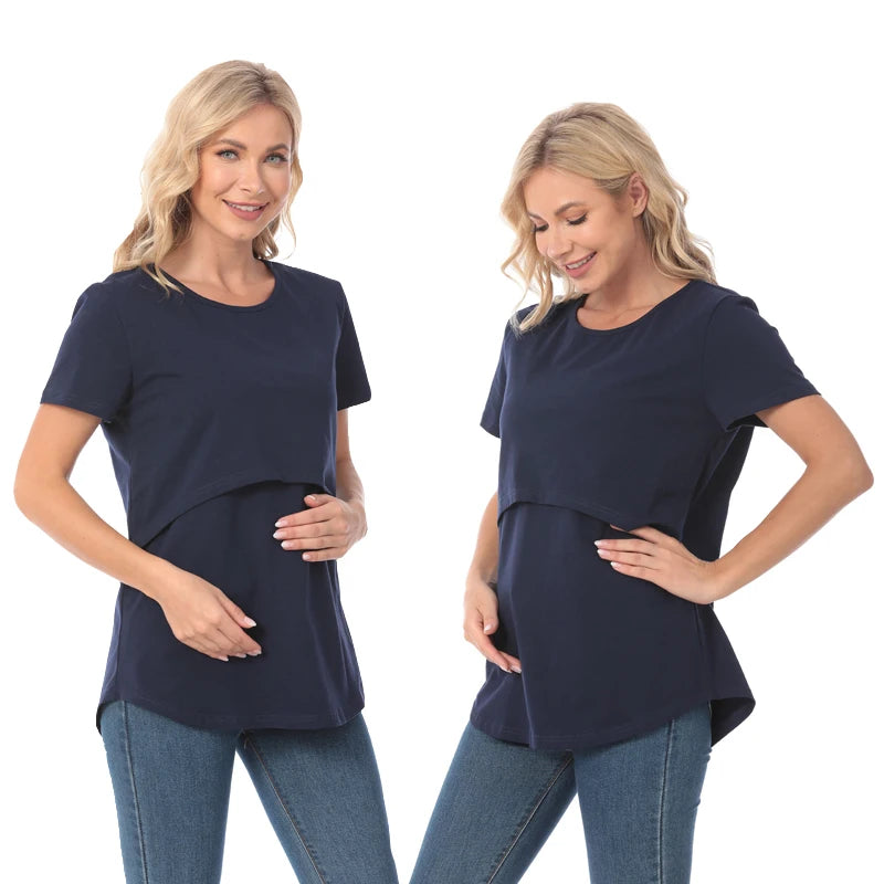 Plus Size Maternity T-Shirt Short Sleeve Stretch Cotton Breastfeeding Tees Loose Nursing Tops for Pregnant Women