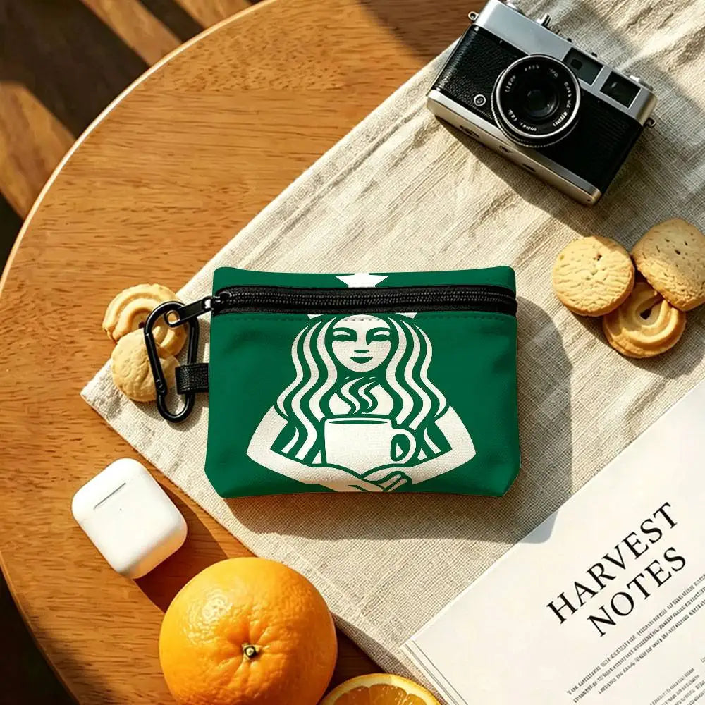 Cool S-Starbucks LOGO Mini Hanging Oxford Cloth Coin Bag Durable Zipper Key Card Pouch With Carabiner