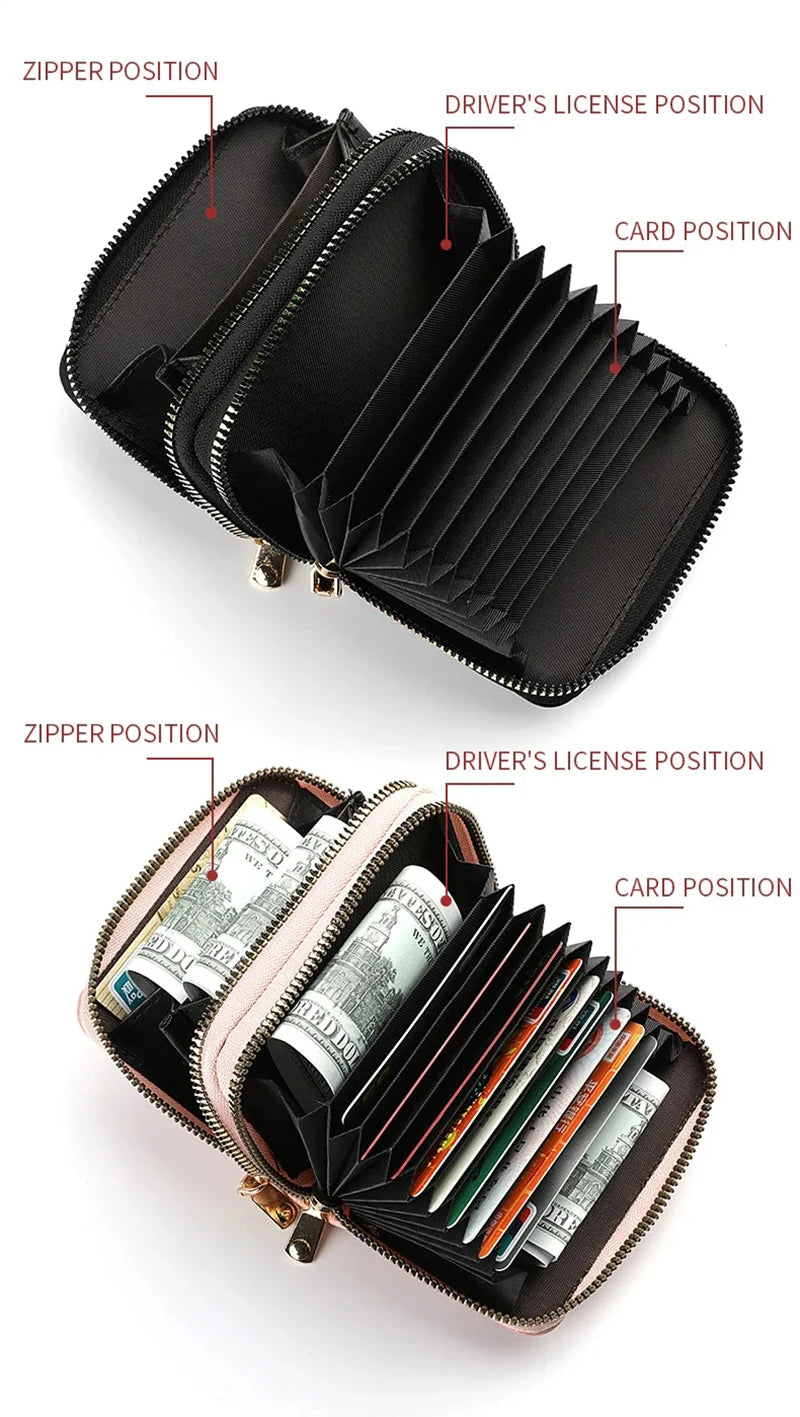 Mickey Minnie Women's Double Zipper Wallet Lychee Pattern Fashion Short Credit Card Holder with Large Capacity Coin Purse