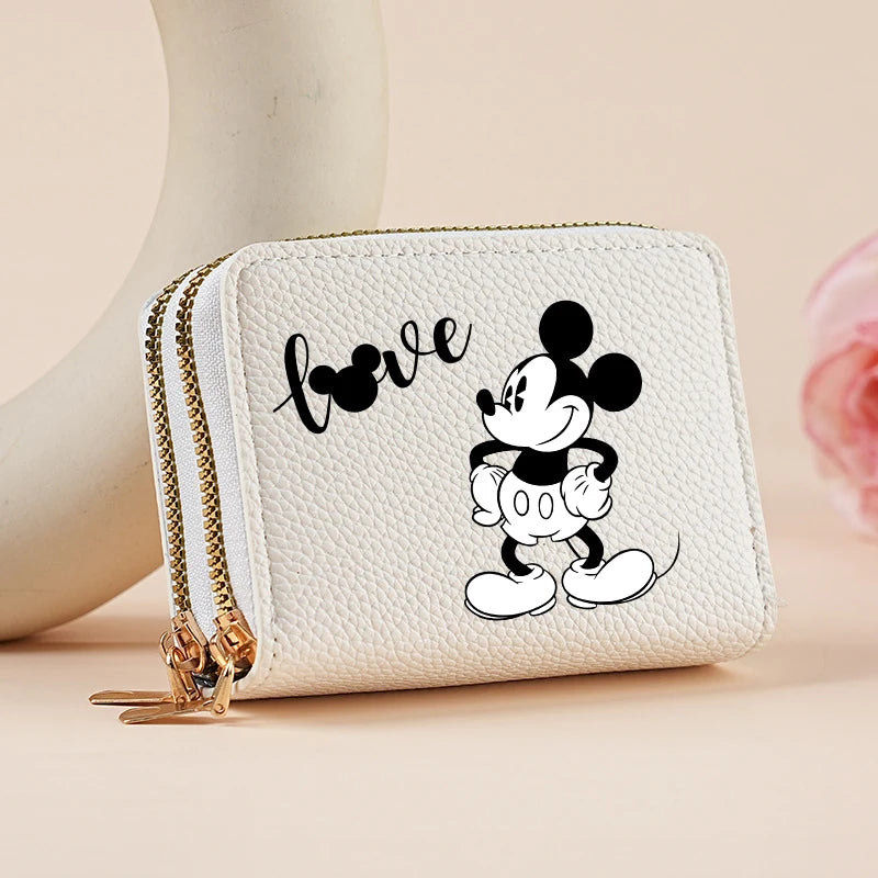 Mickey Minnie Women's Double Zipper Wallet Lychee Pattern Fashion Short Credit Card Holder with Large Capacity Coin Purse