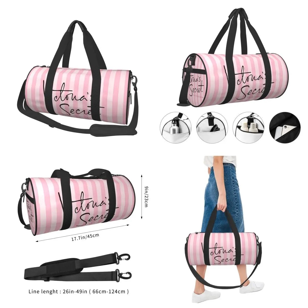 Pink White Stripe Round Capacity Travel Duffel Bag Male Female Large-Capacity Hand Luggage Sports Fitness Bag Travel Package
