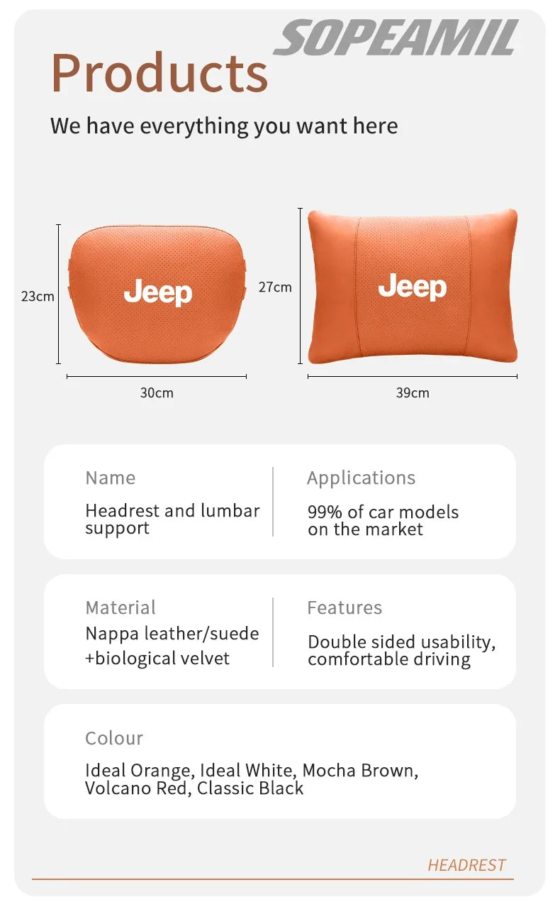Car Suede Leather Headrest Seat Waist Cushion Pillow Jeep Patriot Commander Renegade Compass Grand Cherokee Wrangler Gladiator
