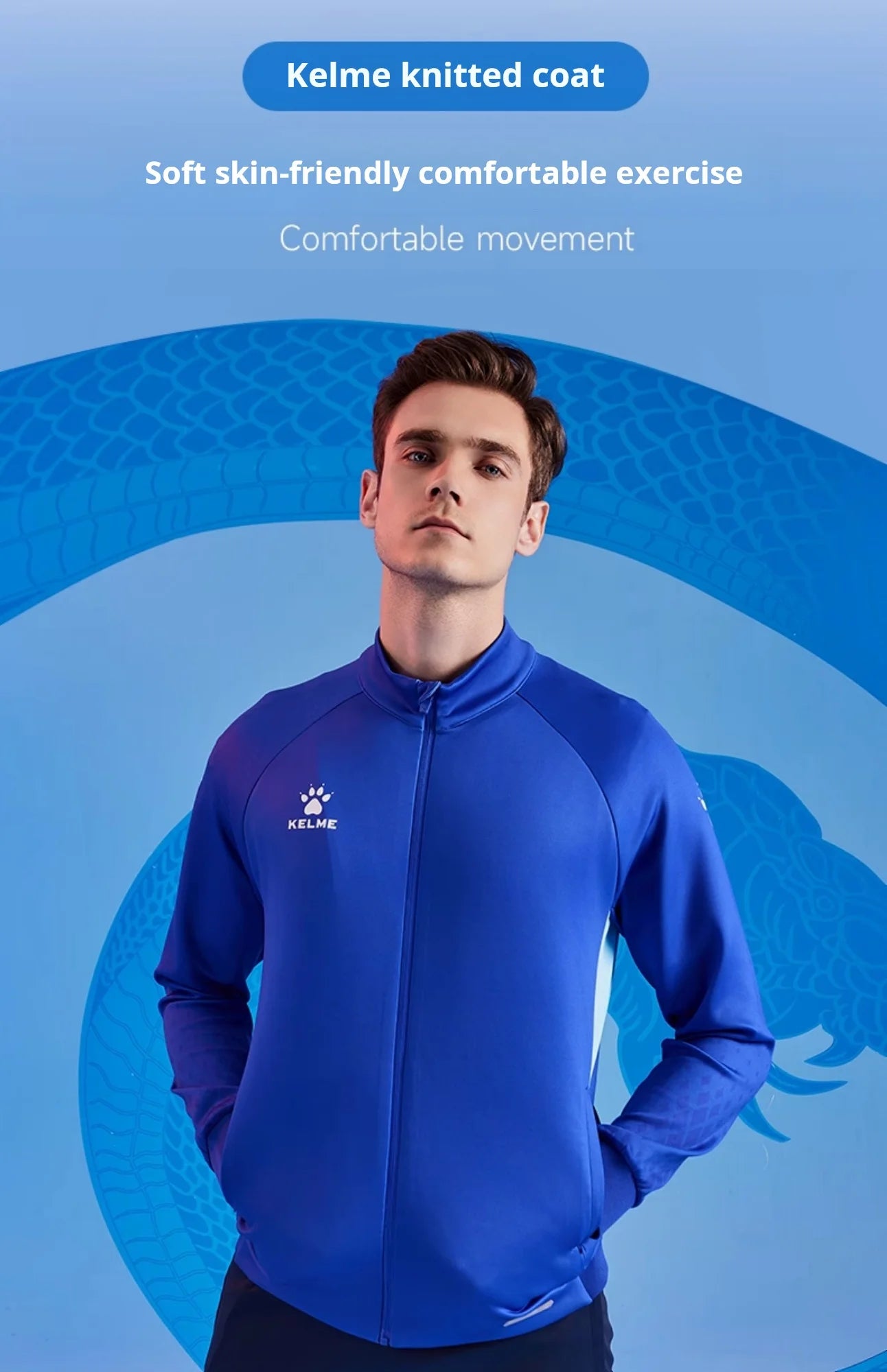 Kelme Men's Football Training Jacket Outdoor Windproof Stand Collar Knitted Jacket Running Sports Training Jacket
