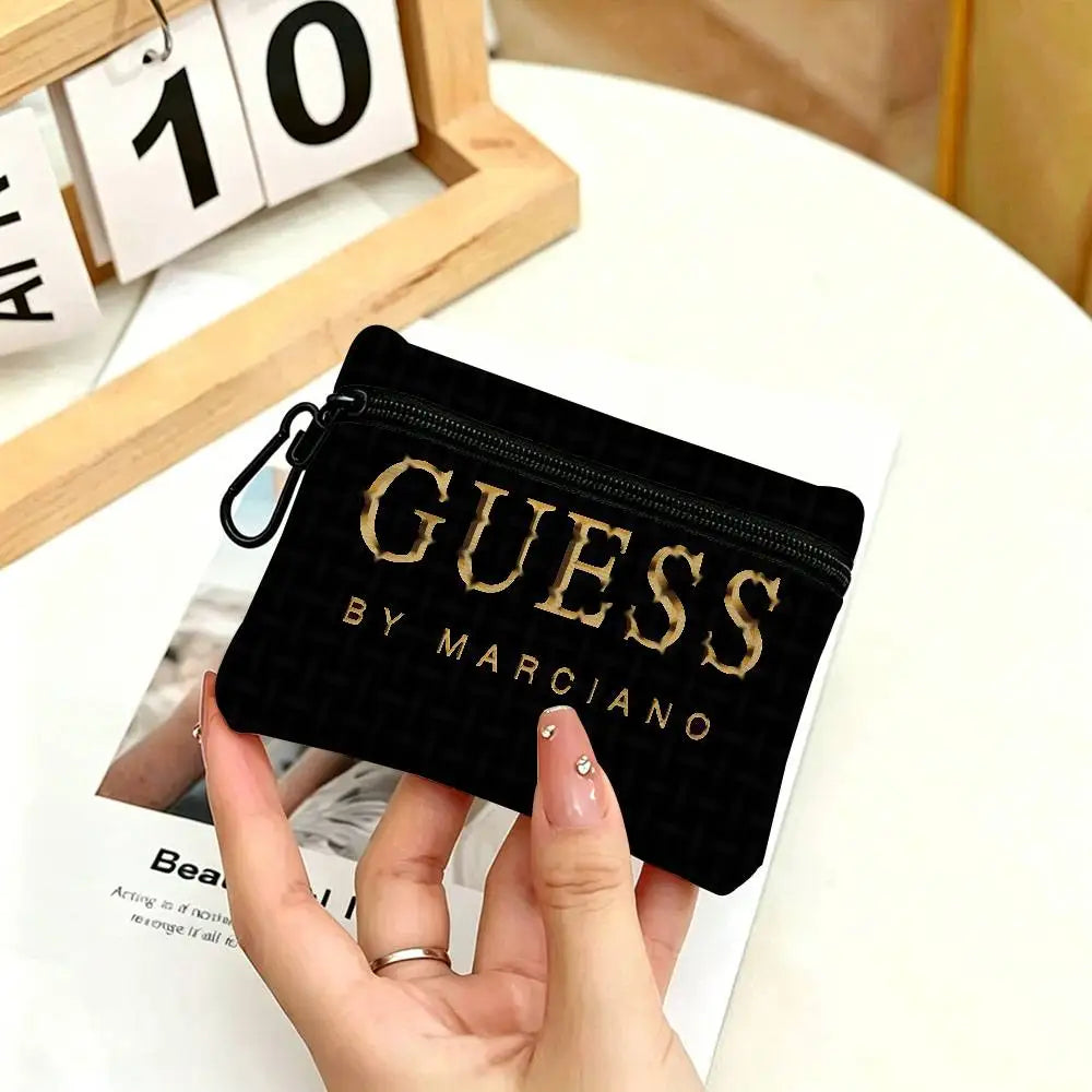 G-Guess-s logo White Oxford Cloth Zipper Coin Purse Lightweight Hanging Key Pouch Card Holder For Daily Use