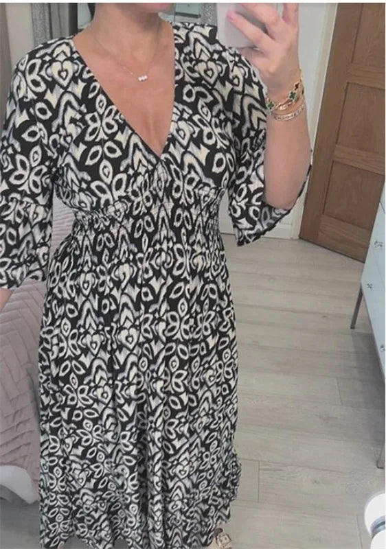 Sexy V Neck Half Sleeve Butterfly Floral Print Maxi Long Dress Summer Female Tunic Elastic Waist Loose Holiday Party Dresses