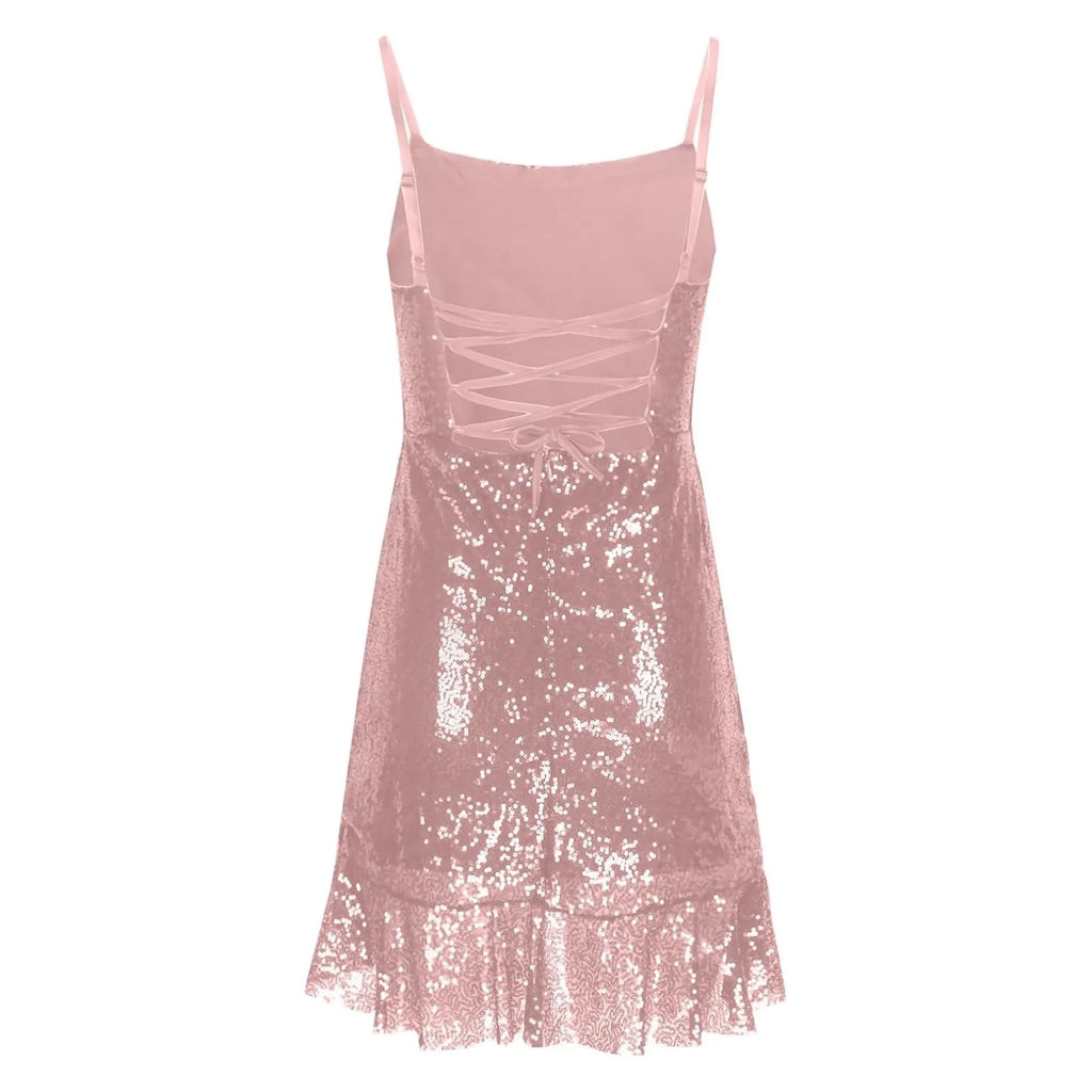 Sexy Slim Fitting Fashion Solid Color Sequin Back Cross Tie Ruffle Edge Sleeveless Suspender Irregular Hem Pleated Party Dress
