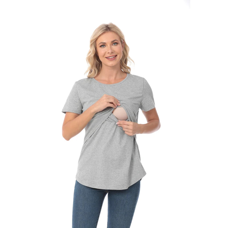 Plus Size Maternity T-Shirt Short Sleeve Stretch Cotton Breastfeeding Tees Loose Nursing Tops for Pregnant Women