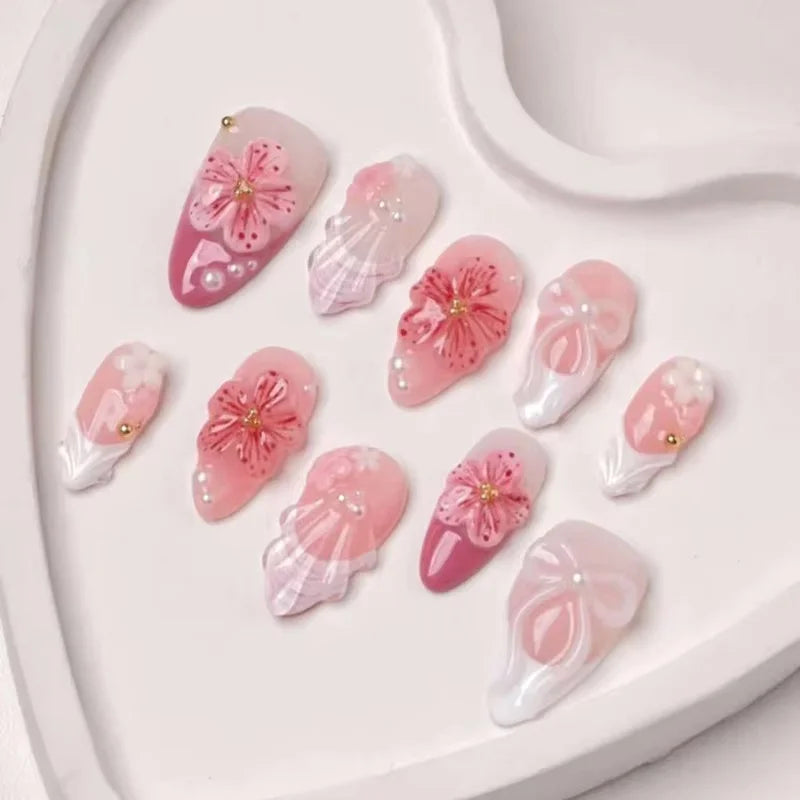 24Pcs Mid-length Gilded Almond Nails Set Press on 3D Flower Gradient Pink Full Cover False Nails Tips Pearl Reusable Fake Nails