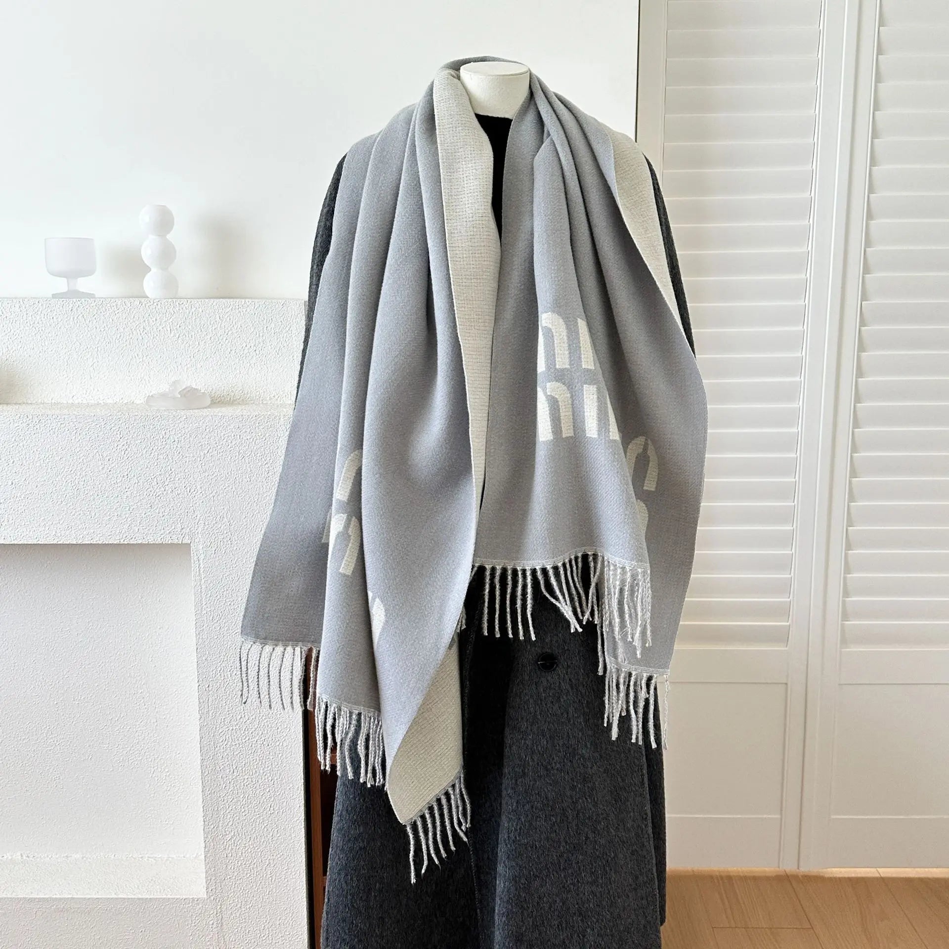 Oversized Letter Print Shawl Scarf for Women Acrylic Wool Like Warm Thick Knit Wrap Scarf Blanket Scarf Versatile Fashion