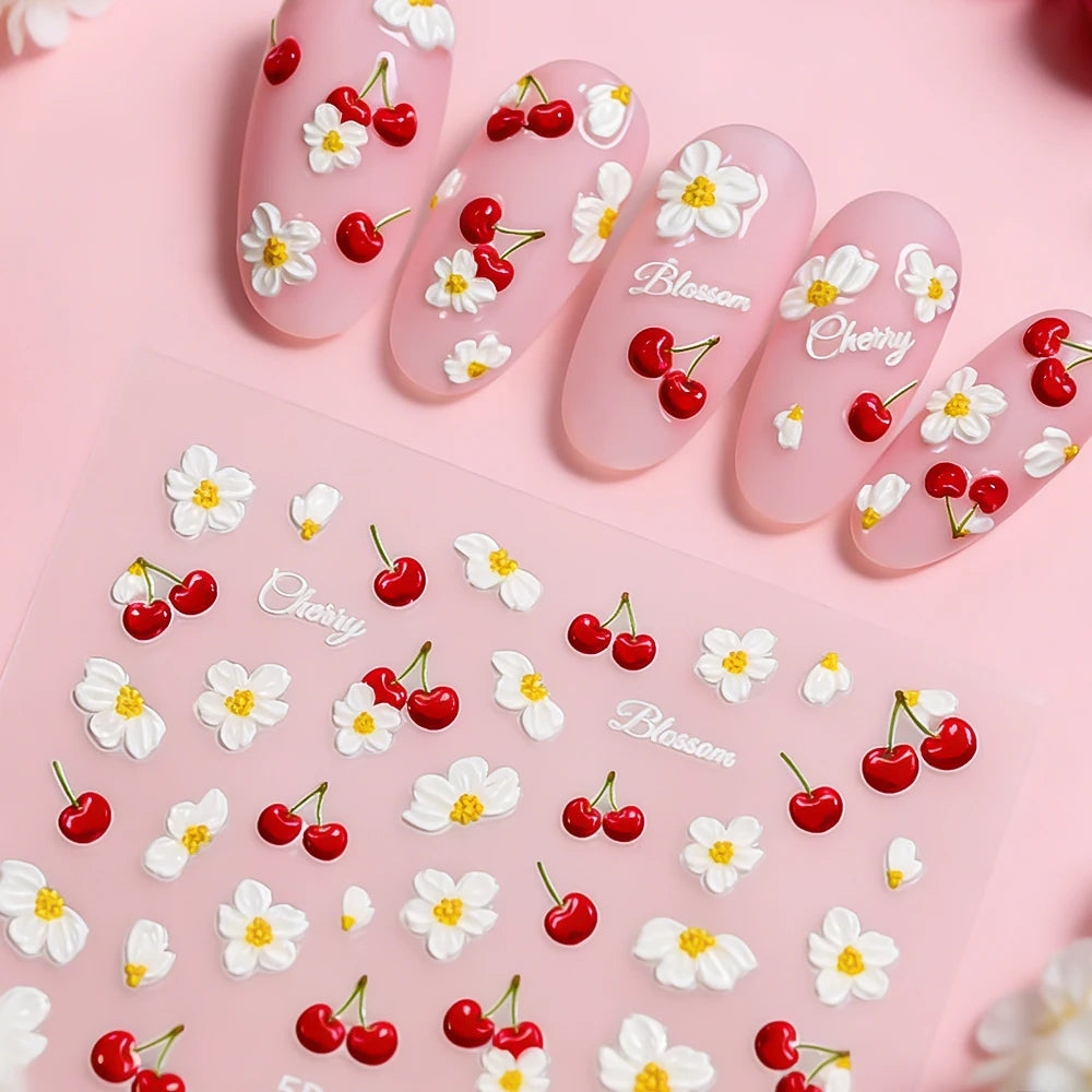 2pcs 5D Elegant Cherry Fruit Nail Stickers Kawaii Spring White Flowers Self-Adhesive Nail Decals DIY Wedding Season Nail Decor