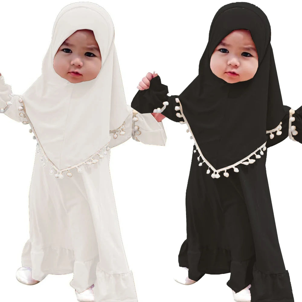 2PCS Muslim Dress Girls Kids Prayer Clothes Islamic Hijab Abaya Khimar Abayas Islamic Prayer Dresses Niqab Kaftan Scarf Robe