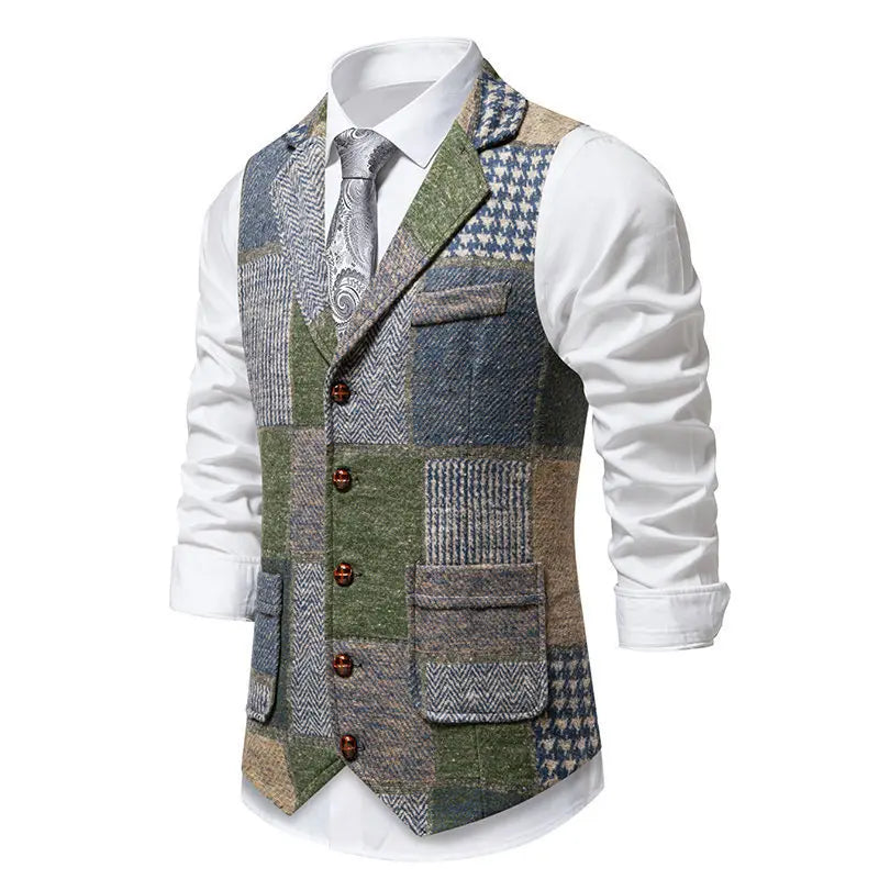 Men's Fashionable Retro Patchwork Collarless Plaid Vest Autumn Winter European Size Slim Fit Single Button Casual Youth Trend