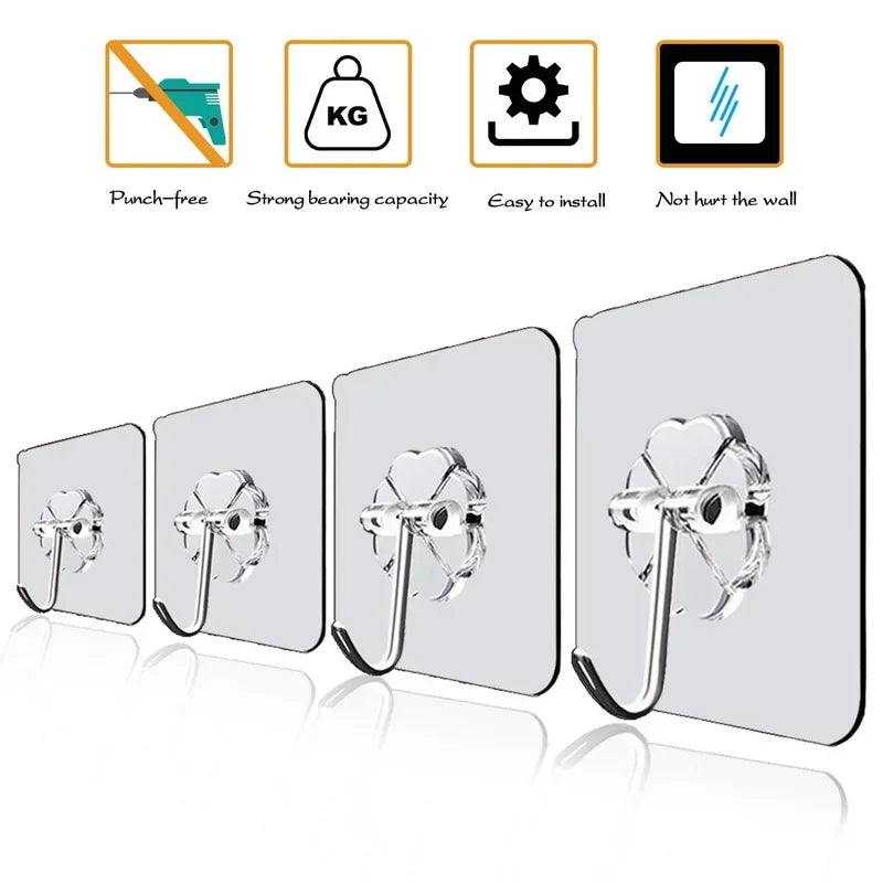 50pcs Transparent Stainless Steel Self-Adhesive Hooks Bathroom Towel Clothes Storage Sticker Hook Key Hangers Storage Holder