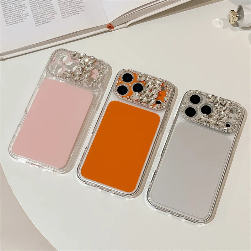 Luxury Sparkling Rhinestone Decoration Camera Frame Large Window Phone Case For iPhone 17 13 14 15 16 Pro Max Shockproof Cover