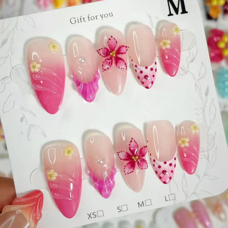 24Pcs Mid-length Gilded Almond Nails Set Press on 3D Flower Gradient Pink Full Cover False Nails Tips Pearl Reusable Fake Nails