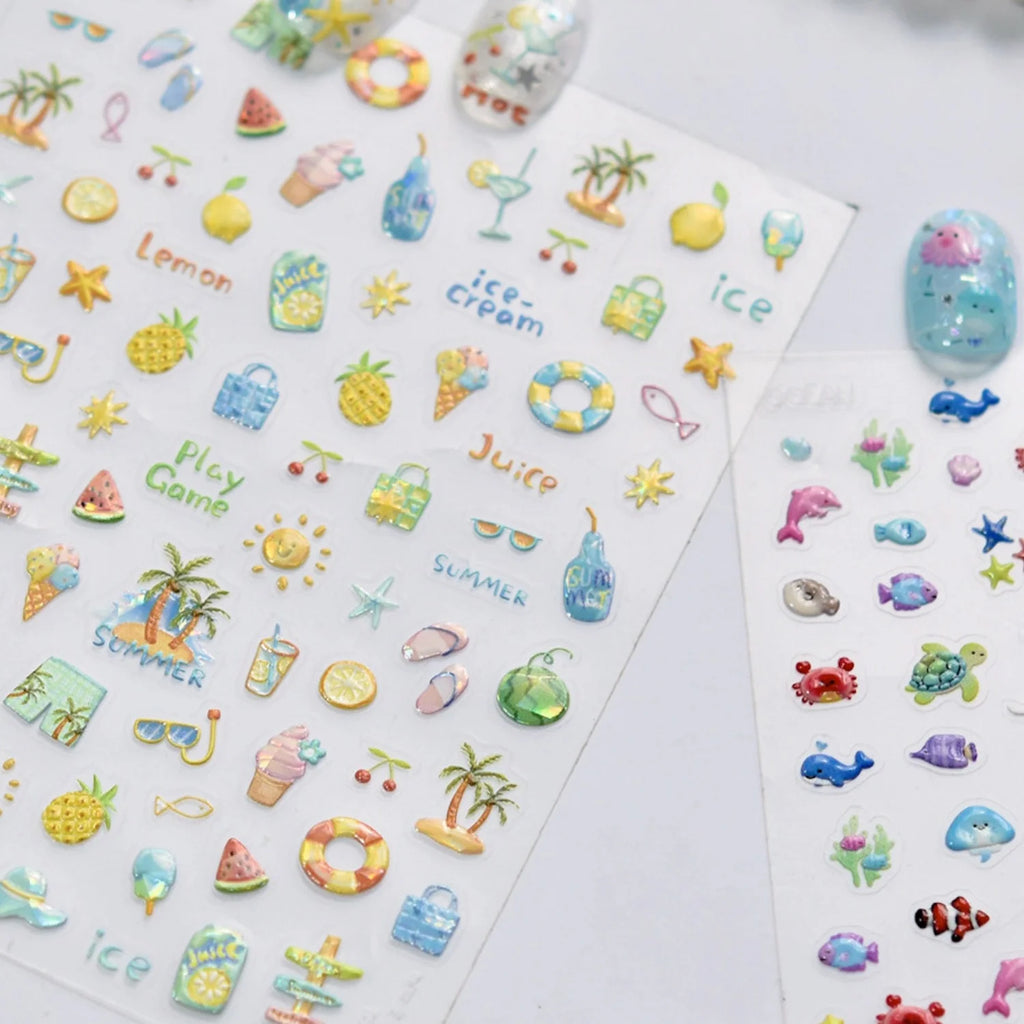5D Fresh Summer Vacation Nail Sticker Coconut Tree Tropical Fruit Ice Cream Swim Ring Sunglasses Seaside Holiday Nail Art Decal