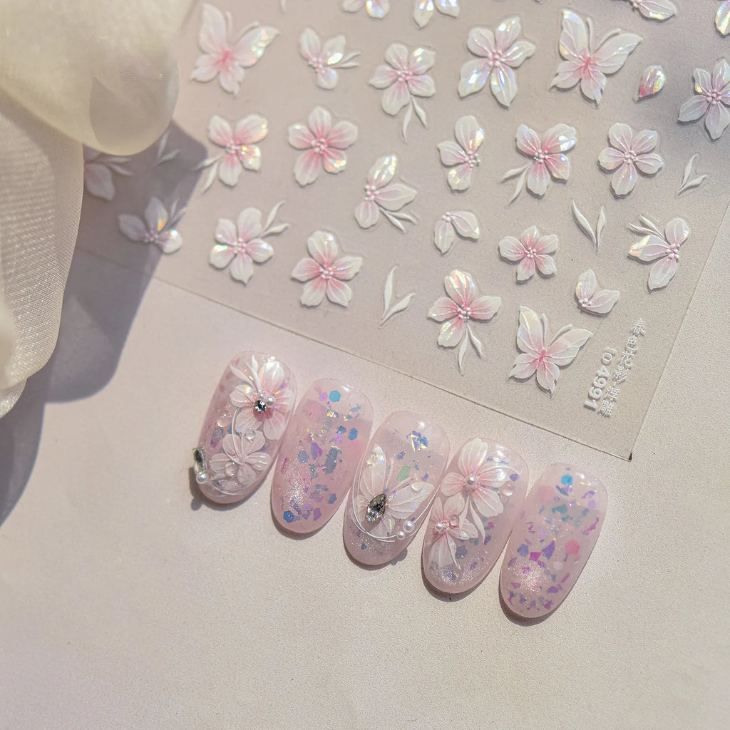Embossed Flower Pink Butterfly Lucky Peach Blossom Chic Spring Petal 5D Soft Relief Adhesive Nail Art Stickers Manicure Decals