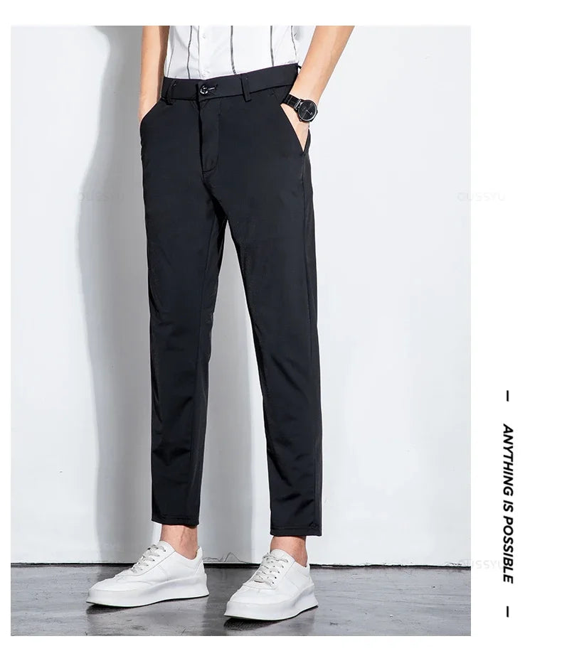 Summer Stretch Suit Pants Men Thin Business Solid Color Slim Ankle-Length Casual Formal Office Trousers