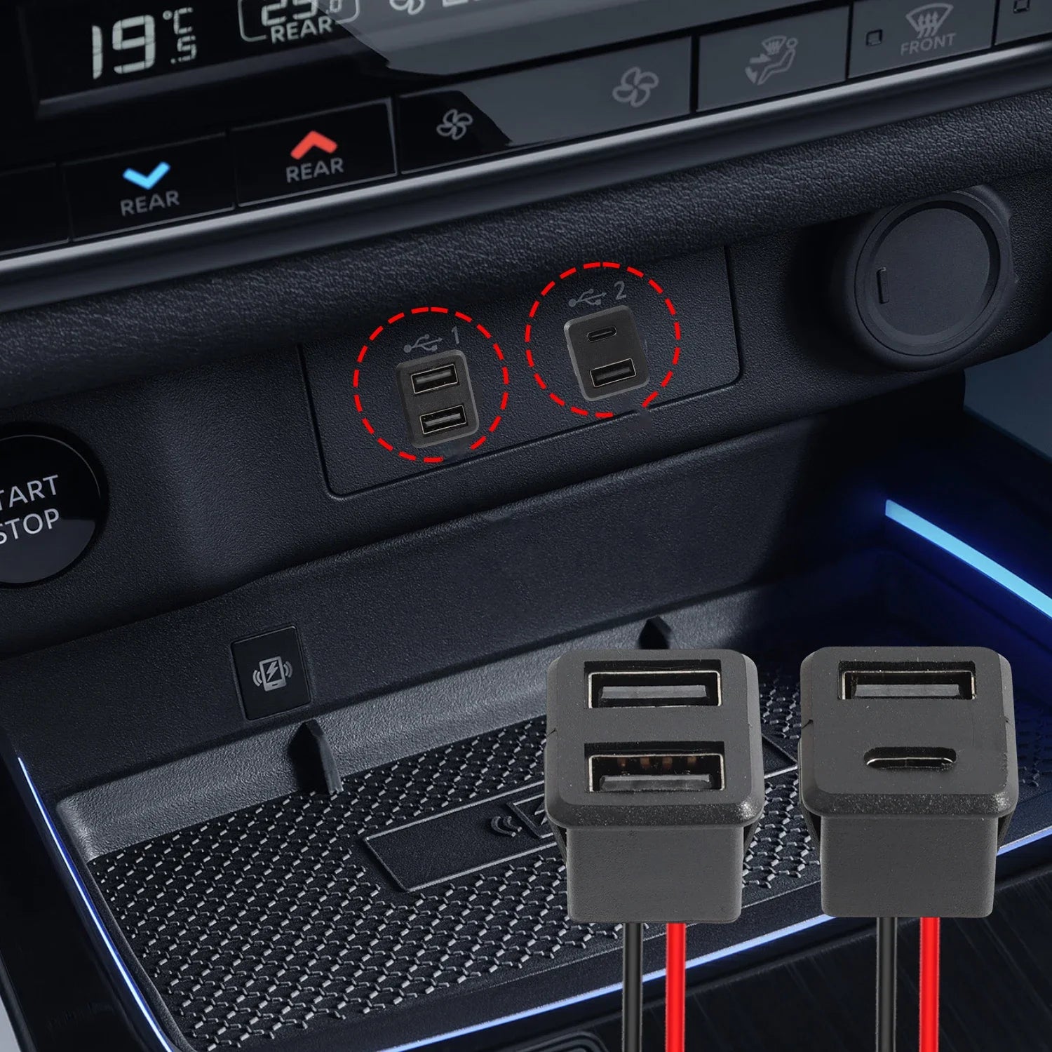 Black Double Layer Usb Female Type-C Socket Car Accessories 1-10pcs Usb Lamp Charging Female Power Socket with Cable Connector