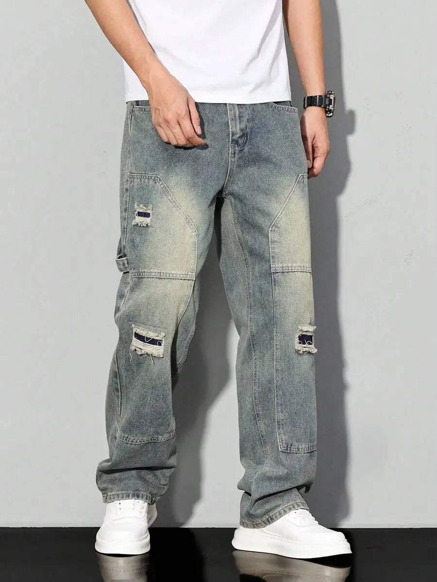 Men's Casual Denim Jeans Spring Autumn Winter Straight Leg Loose Fit Long Pants Double Belt Hole Pocket Daily Wear