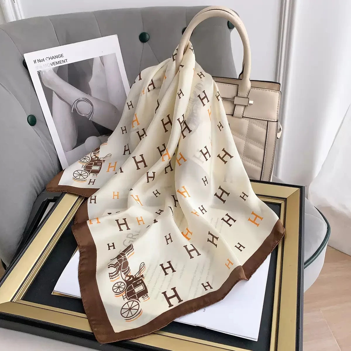New Fashionable Silk Scarf 70cm Printed Long Rectangle Women's Versatile Decorative Fashion Neck Scarf Autumn Origin Jinhua