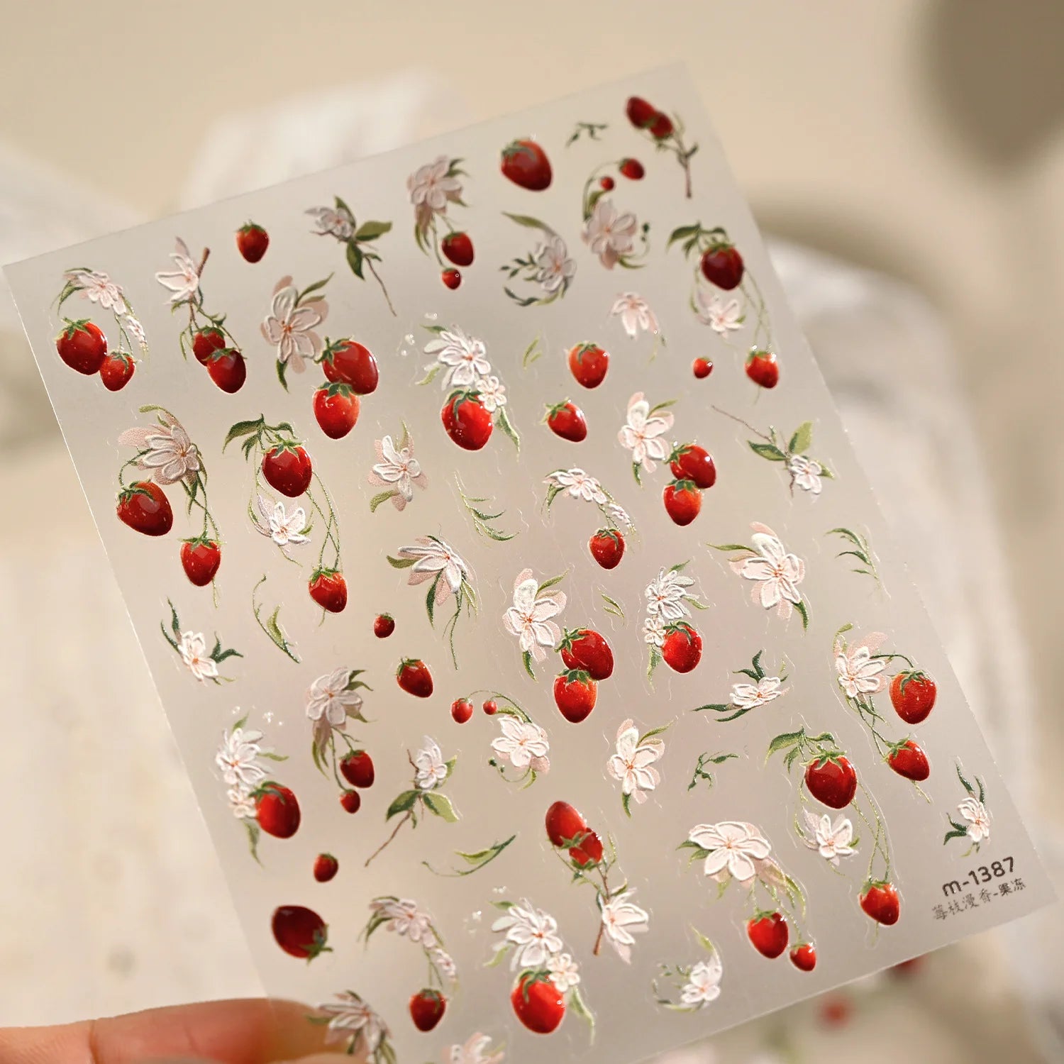 Spring Strawberry Vine 5D Nail Art Stickers Garden Fresh Red Strawberry Green Leaves Flower Cherry Branch Bow Nail Decals DIY