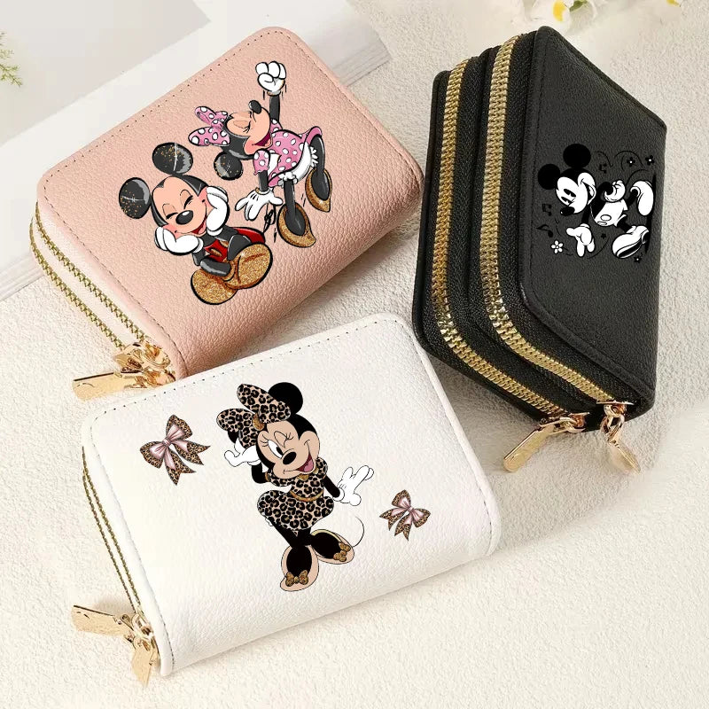 Mickey Minnie Women's Double Zipper Wallet Lychee Pattern Fashion Short Credit Card Holder with Large Capacity Coin Purse