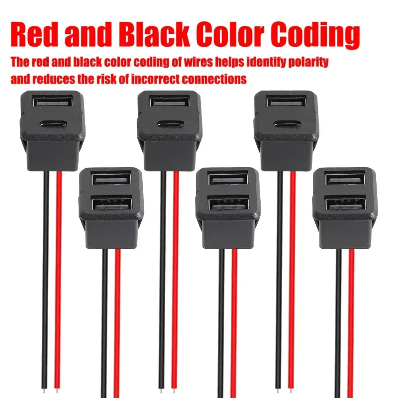 Black Double Layer Usb Female Type-C Socket Car Accessories 1-10pcs Usb Lamp Charging Female Power Socket with Cable Connector