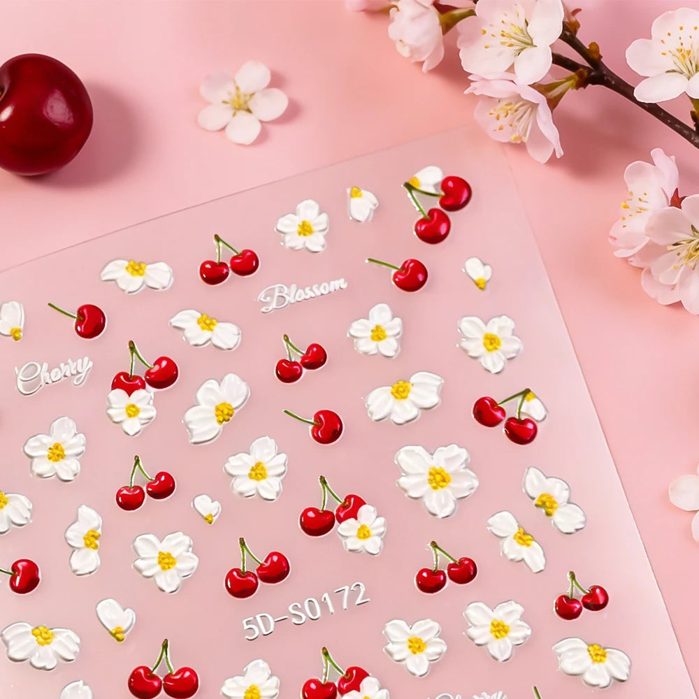 2pcs 5D Elegant Cherry Fruit Nail Stickers Kawaii Spring White Flowers Self-Adhesive Nail Decals DIY Wedding Season Nail Decor