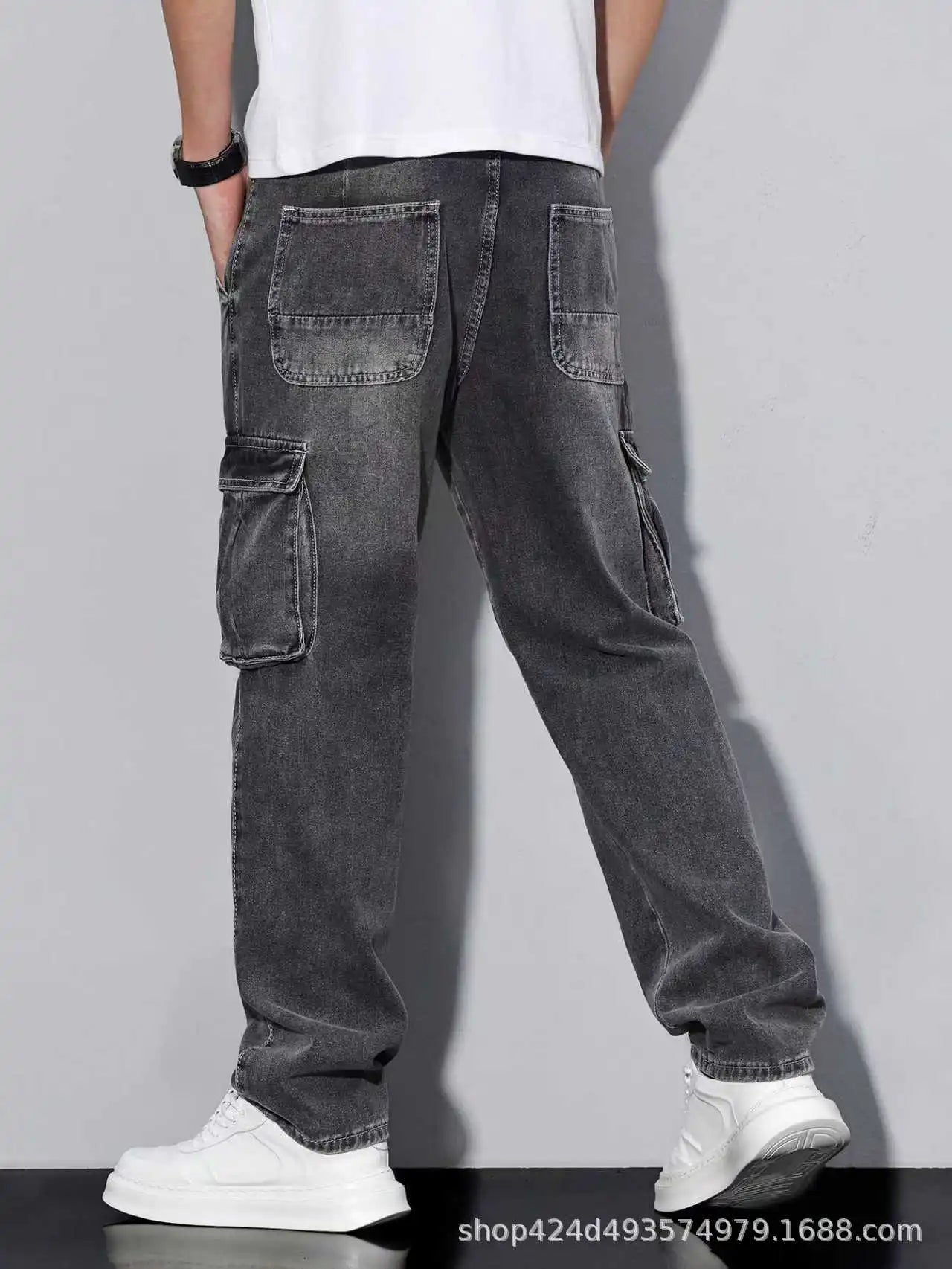 American High Street Hip Hop Style Loose Straight Leg Casual Long Jeans Multi Pocket Workwear Cotton Blend Spring Autumn