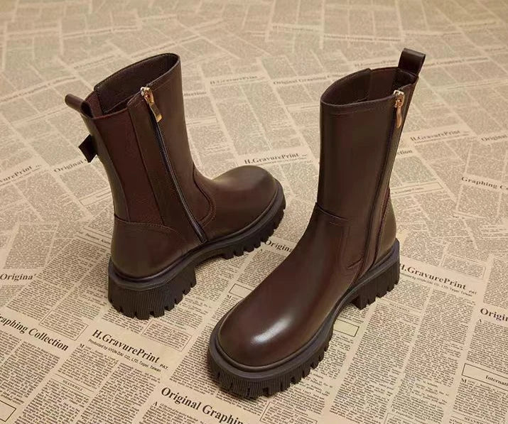 Women's Half High Boots Round Toe Chelsea Ladies Mid Calf Shoes Middle Heel Brown Footwear Spring Autumn Sale Gothic Demi-season