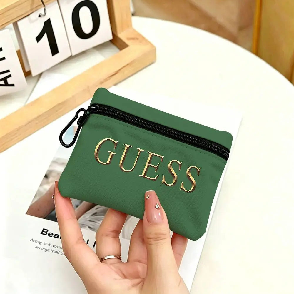 G-Guess-s logo White Oxford Cloth Zipper Coin Purse Lightweight Hanging Key Pouch Card Holder For Daily Use