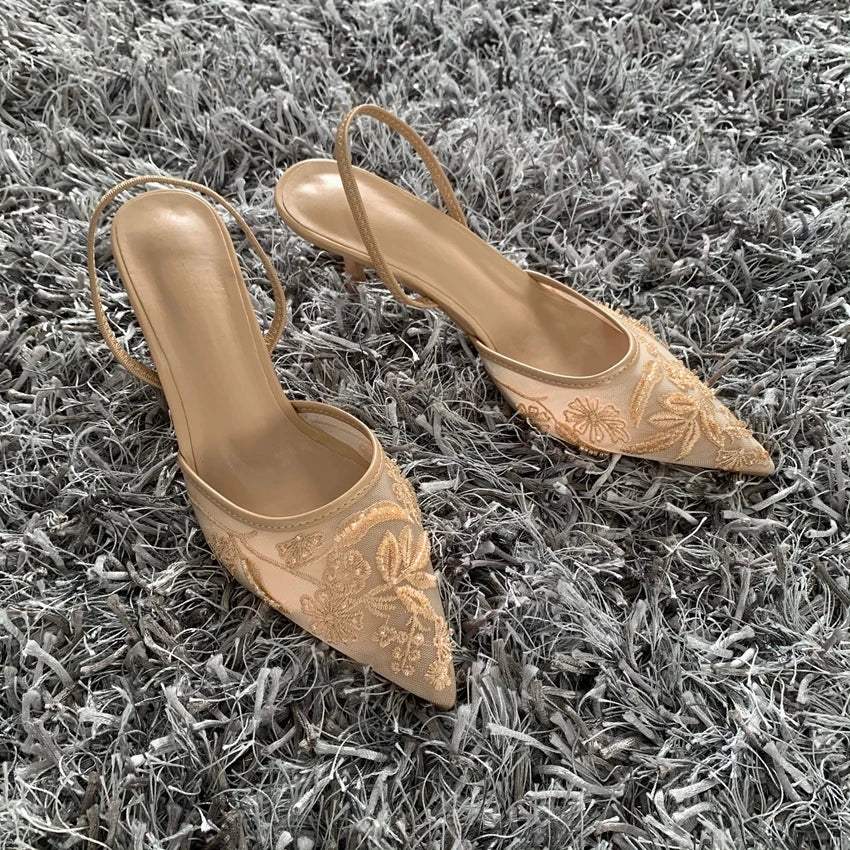 Luxury Brand High Heels Women Sandals Mesh Embroider Elegant Pointed Ladies Slingback Evening Party Wedding Bridal Dress Shoes