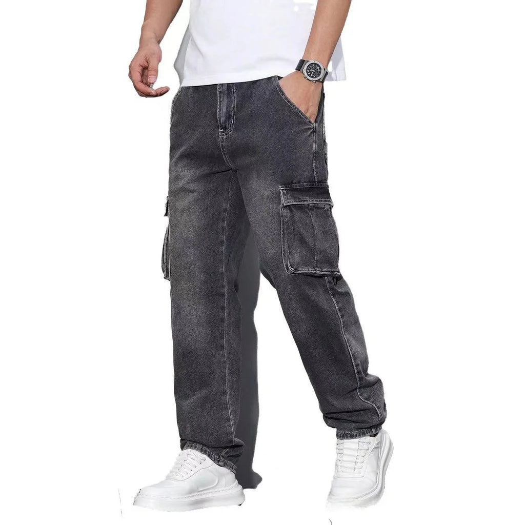 American High Street Hip Hop Style Loose Straight Leg Casual Long Jeans Multi Pocket Workwear Cotton Blend Spring Autumn