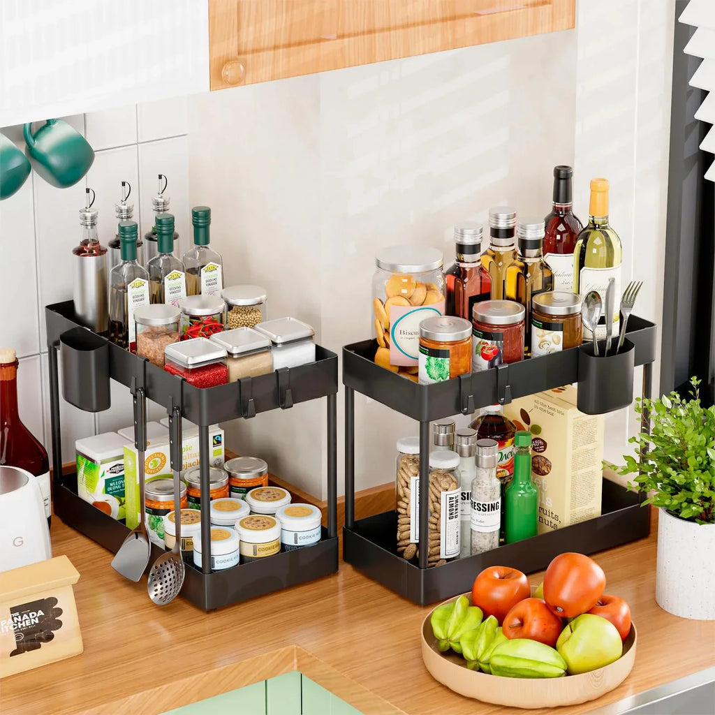 2 Tier Under Sink Organizer Sliding Cabinet Basket Organizer Storage Rack with Hooks Hanging Cup Bathroom Kitchen Organizer