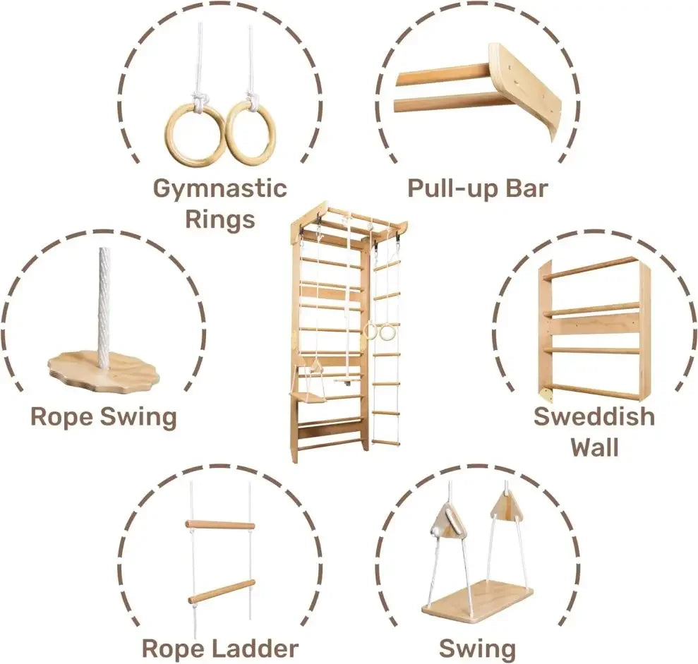 WoodVille Swedish Wall Climbing Frame - Multifunctional Kids Gym Set with Rock Wall & Rope Ladder (Ages 3-12,EN71/ASTM Certified